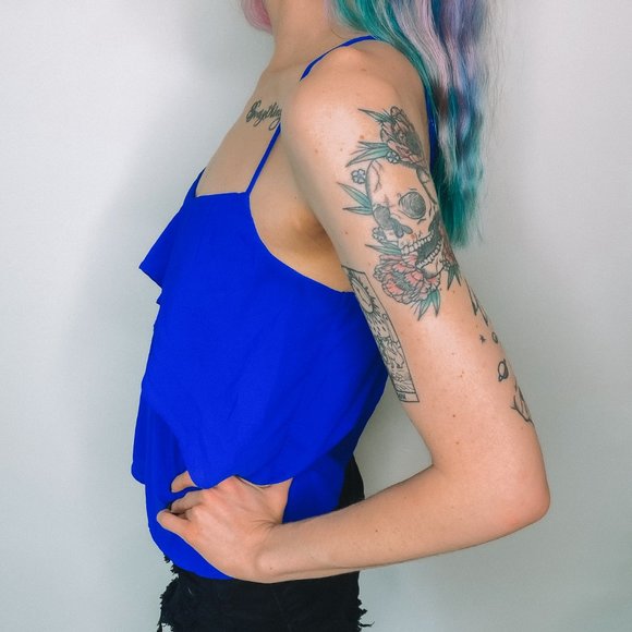 American Eagle Outfitters Royal Blue Ruffle Blouse - Picture 2 of 6